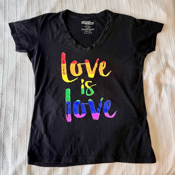 Tops - Love Is Love Rainbow Graphic V-Neck Tee Shirt Black